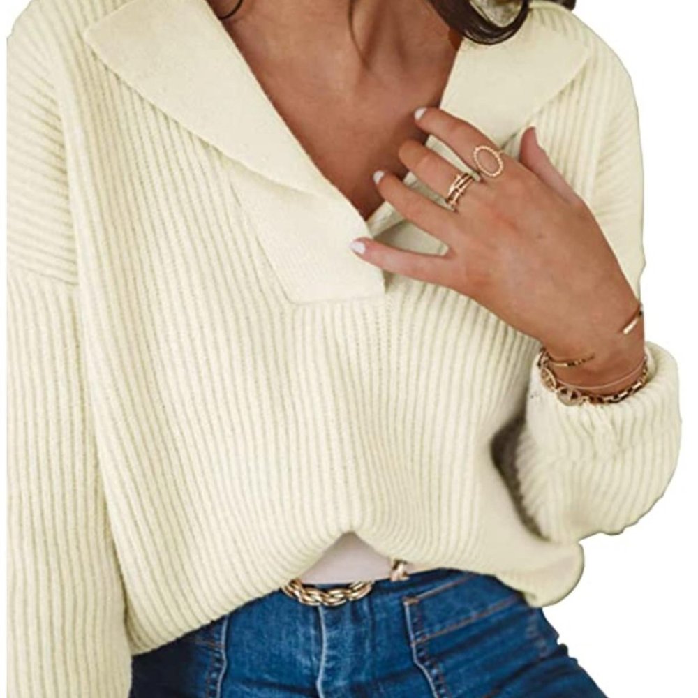 BTFBM Women Long Sleeve V Neck Fashion Sweater Solid Color Ribbed Knit Foldover